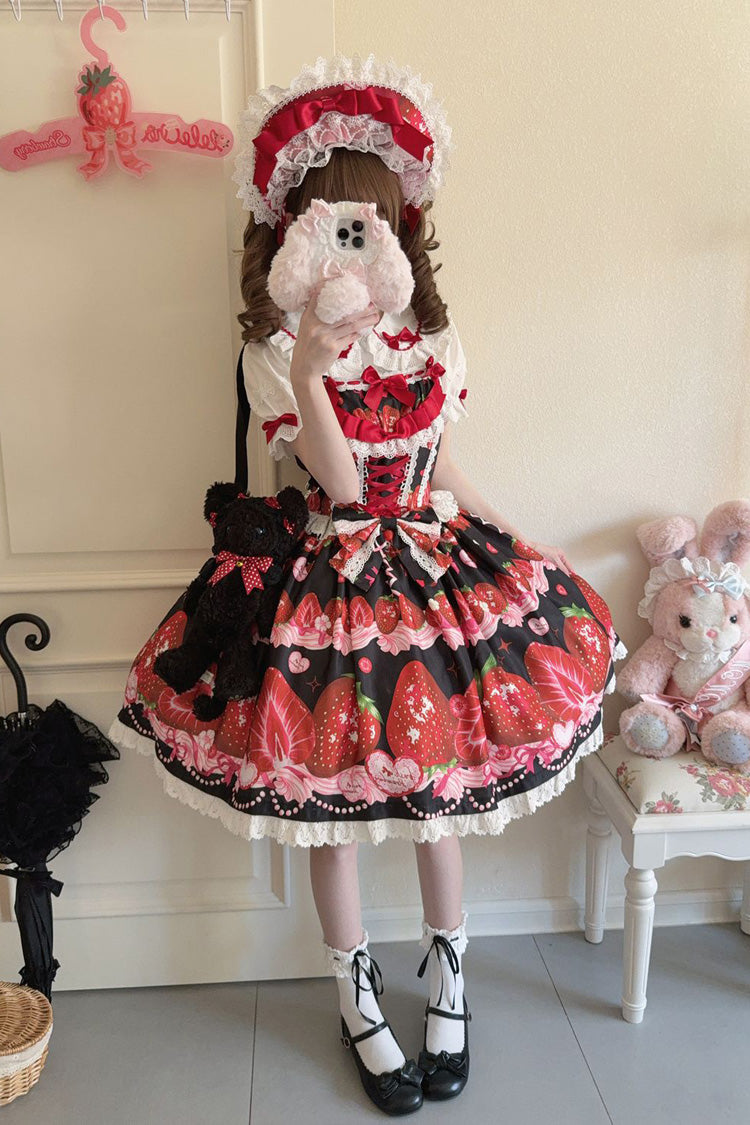 [Sweet Berry Tale] Strawberry Print Ruffle Bowknot Lace Sweet Lolita Jsk Dress 4 Colors - Product - 25