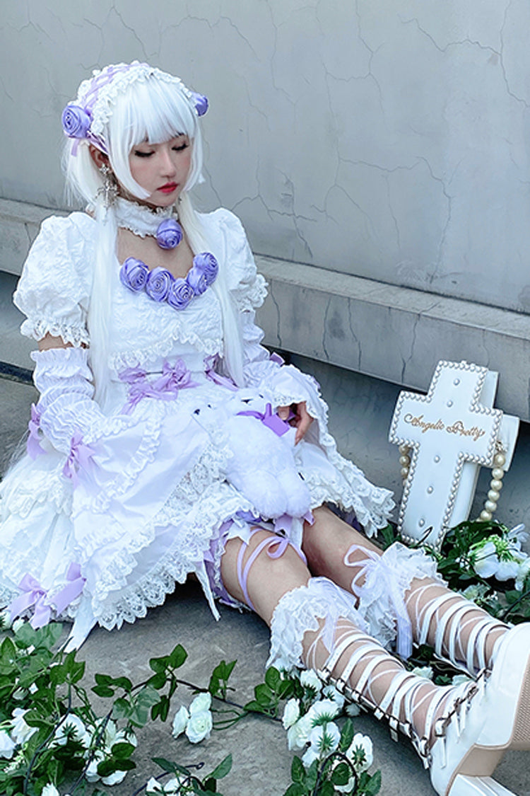 White/Purple Puff Short Sleeves Princess Gothic Lolita Tiered Dress - Product - 6