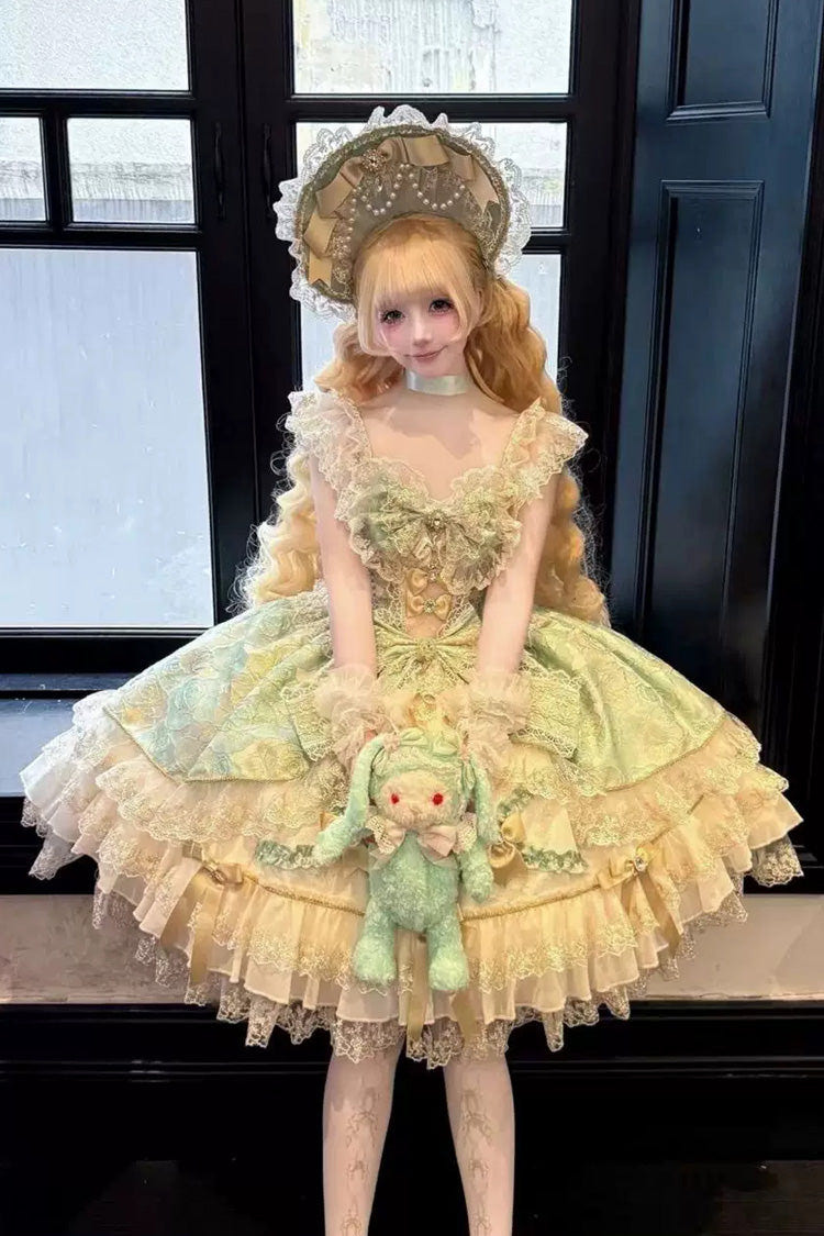 Green [Gilded Waltz] Square Collar Sleeveless Printed Ruffled Embroidered Bow Lace Gorgeous Sweet Lolita Jsk Dress - Product - 5