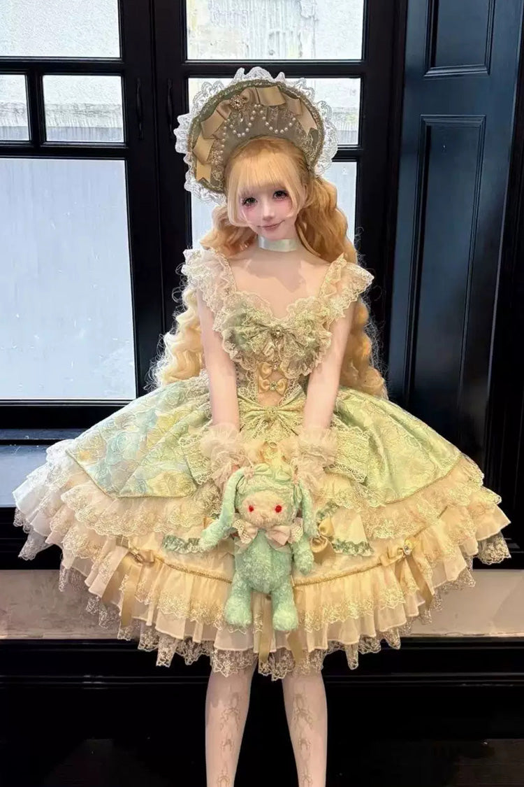 Green [Gilded Waltz] Square Collar Sleeveless Printed Ruffled Embroidered Bow Lace Gorgeous Sweet Lolita Jsk Dress - Product - 5