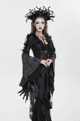 Black V Collar Long Trumpet Sleeves Printed Slim Women's Gothic Rose Feather Gorgeous Blouse - Product - 8