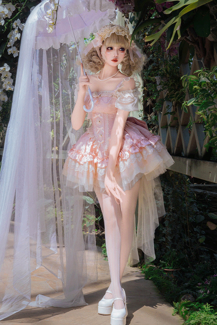 Pink Sleeveless Multi-Layered Ruffle Bowknot Lace Lace-Up Sweet Princess Lolita Jsk Dress - Product - 5
