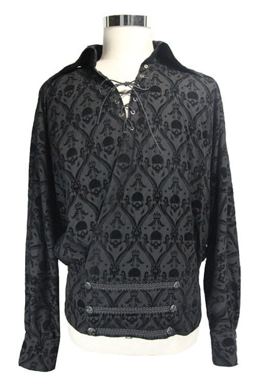 Black Lace Up Neckline Skull Printed Mens Gothic Blouse - Product - 2