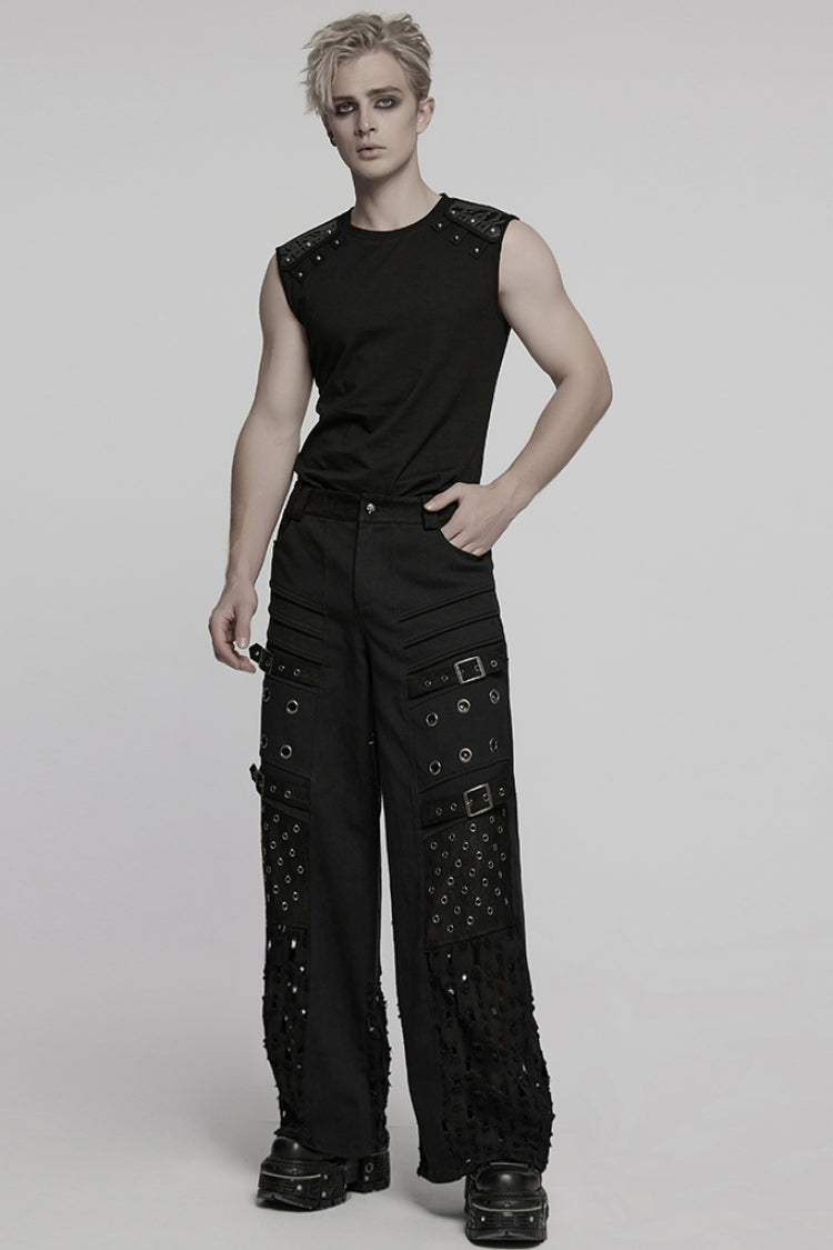 Black Round Collar Sleeveless Studded Stitching Shoulder Patched Men's Punk Vest - Product - 4