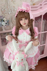 [A Day as a Candy Shop Owner] Peter Pan Collar Short Sleeves Printed Bow Sweet Lolita Dress 3 Colors (Red, Blue, Pink) - Product - 24