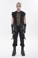 Black Spliced Hooded Buckled Eyelet Men's Punk Cool Vest - Product - 1