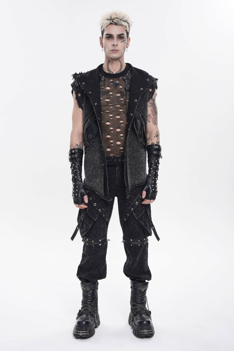 Black Spliced Hooded Buckled Eyelet Men's Punk Cool Vest - Product - 1