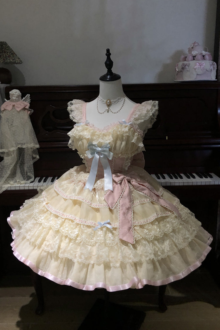 Yellow Cream Puff Mille-Feuille Sleeveless Multi-Layered Bow Lace Sweet (Dress Only) front view