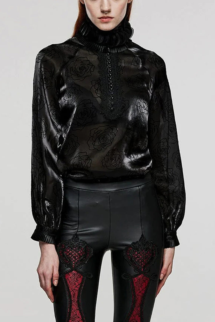 Black Stand Collar Long Lantern Sleeves Rose Print Hook-Button Womens Gothic Blouse - Black - 1