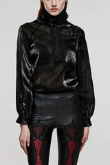 Black Stand Collar Long Lantern Sleeves Rose Print Hook-Button Womens Gothic Blouse - Black - 1