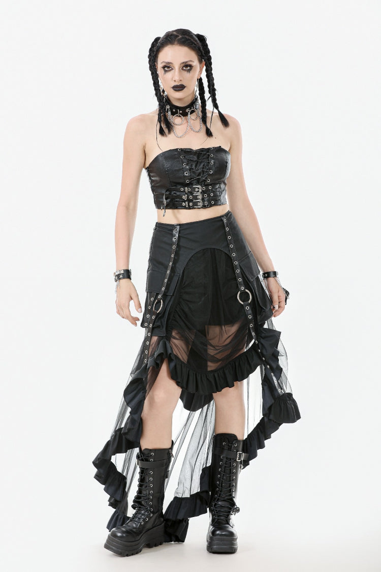 Black Eyelet Straps Women's High-Low Multi-Layered Ruffled Sheer Mesh Punk Skirt - Product - 8