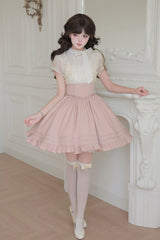 White/Pink Round Collar Short Sleeves Ruffled Bow Lace Color-Blocked Boned Sweet Lolita Dress 2 Versions - Product - 12