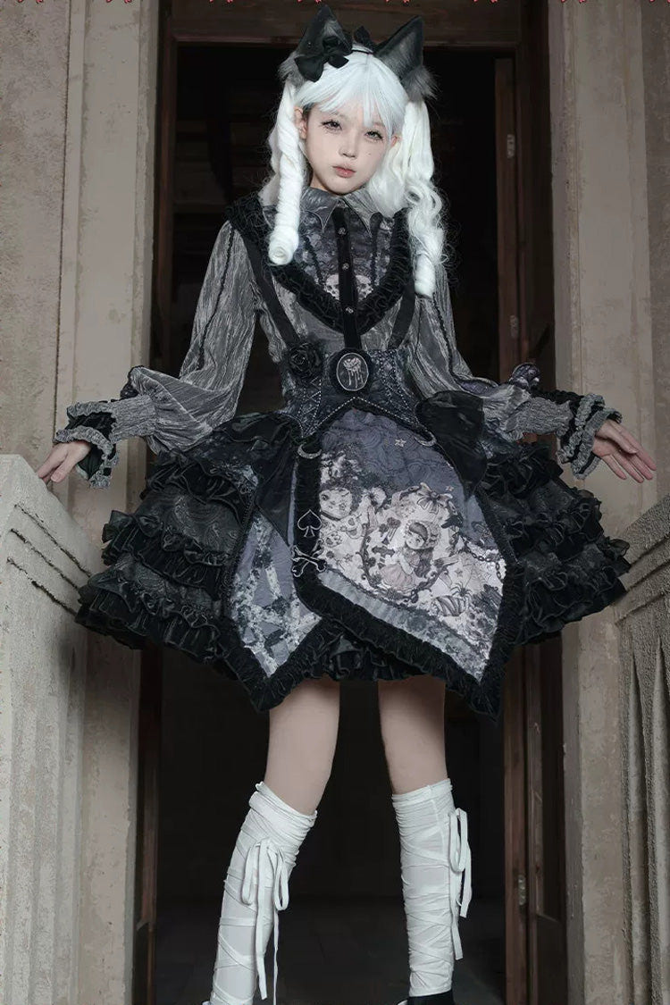 [Werewolf] Fairy Tale Lapel Collar Long Sleeves Printed Ruffled Open-Front Lace Heavy-Detailed Gothic Lolita Skirt Set (Red, Grey, Purple) - Product - 21