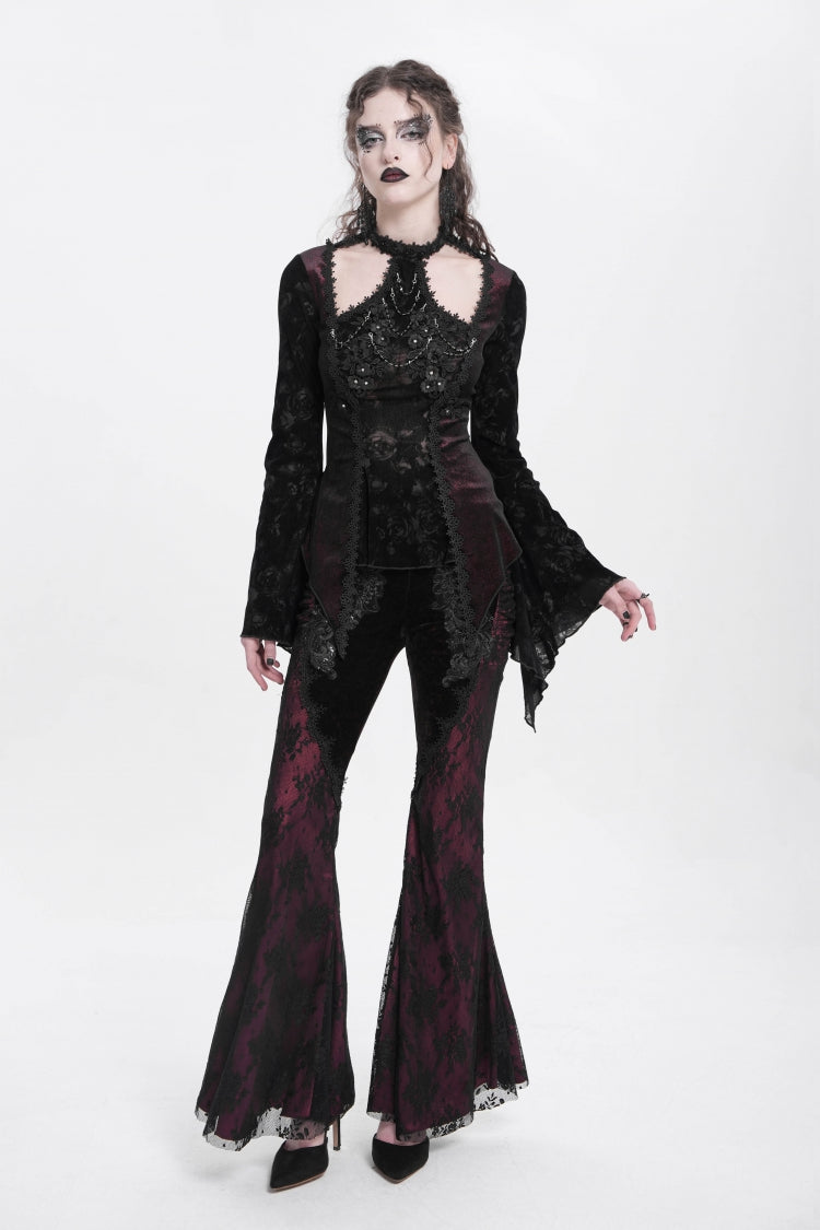 Red Long Trumpet Sleeves Jacquard Cutout Women's Gothic Blouse - Product - 11