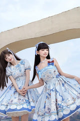 Blue [Penguin Navy] Short Sleeves Print Ruffle Bowknot Sweet Princess Lolita Dress - Product - 2