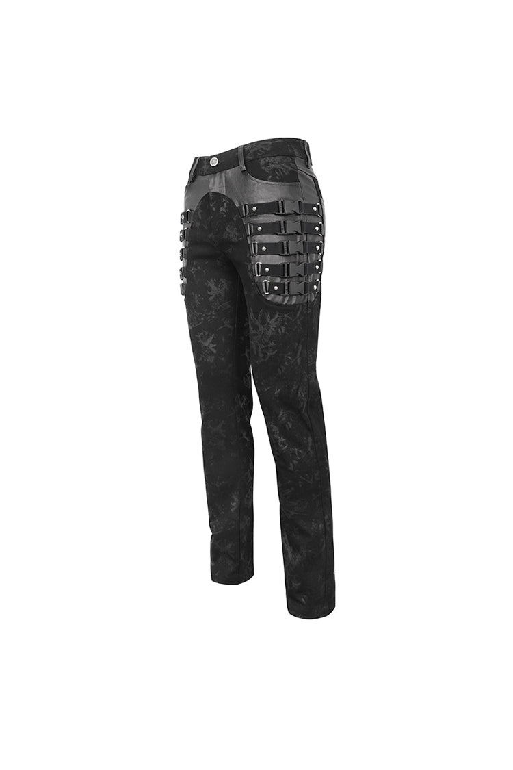 Black Multi Buckle Distressed  Print Men's Punk Pants - Product - 9