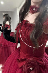 Red [Bright Stars] Off Shoulder Ruffle Bowknot Asymmetric Sweet Elegant Princess Lolita Dress - Product - 5