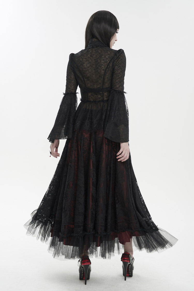 Black Lace Round Collar Flared Sleeved Women's Gothic Shirt - Product - 5