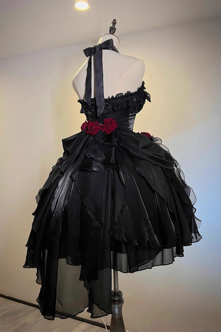 Black [Cindy Rose] Halterneck Sleeveless Ruffle Bowknot Gothic Elegant Lolita Jsk Dress - Product - 3