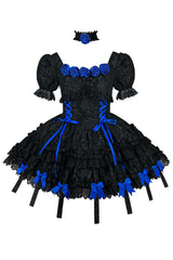 Black/Blue Puff Short Sleeves Princess Gothic Lolita Tiered Dress - Product - 4