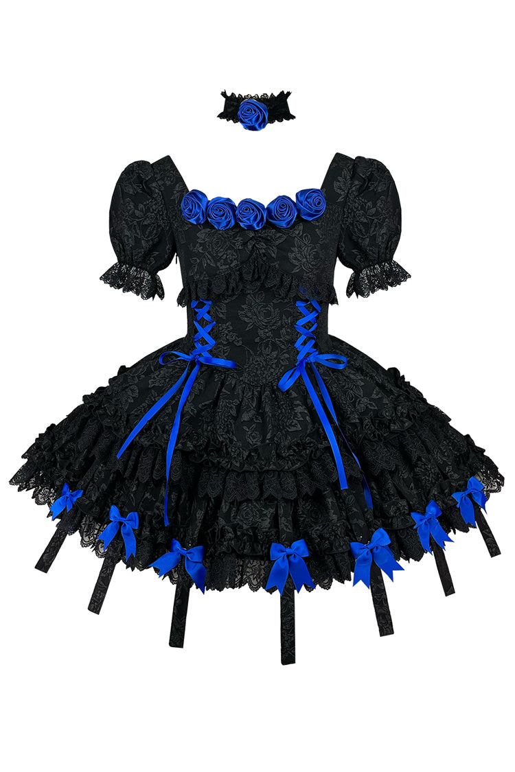 Black/Blue Puff Short Sleeves Princess Gothic Lolita Tiered Dress - Product - 4