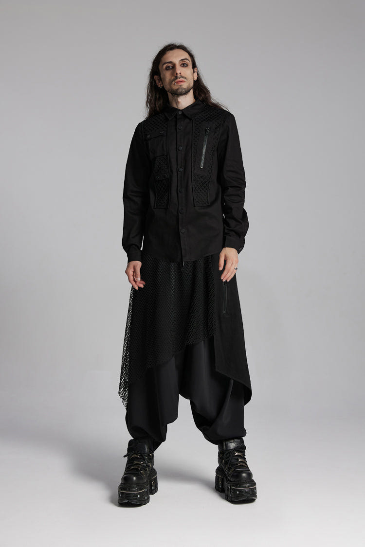 Black Lapel Collar Long Sleeves Zip Mesh Pocket Men's Punk Blouse - Product - 8