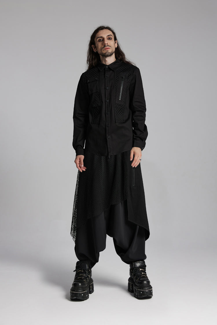 Black Lapel Collar Long Sleeves Zip Mesh Pocket Men's Punk Blouse - Product - 8