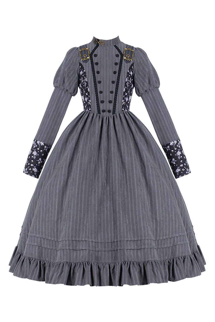 Gray Stripes Print Long Sleeves Classic Lolita Dress - Product - 6