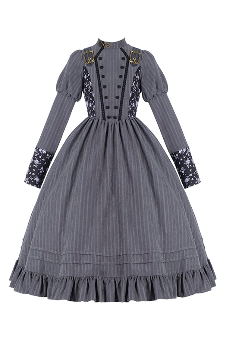 Gray Stripes Print Long Sleeves Classic Lolita Dress - Product - 6
