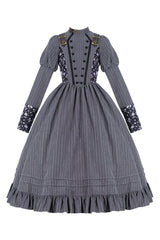 Gray Stripes Print Long Sleeves Classic Lolita Dress - Product - 6