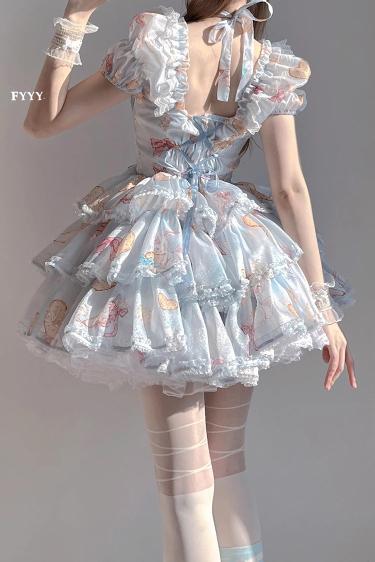 Blue Short Sleeves Multi-layer Cookie Bunny Print Bowknot Sweet Lolita Dress - Product - 2