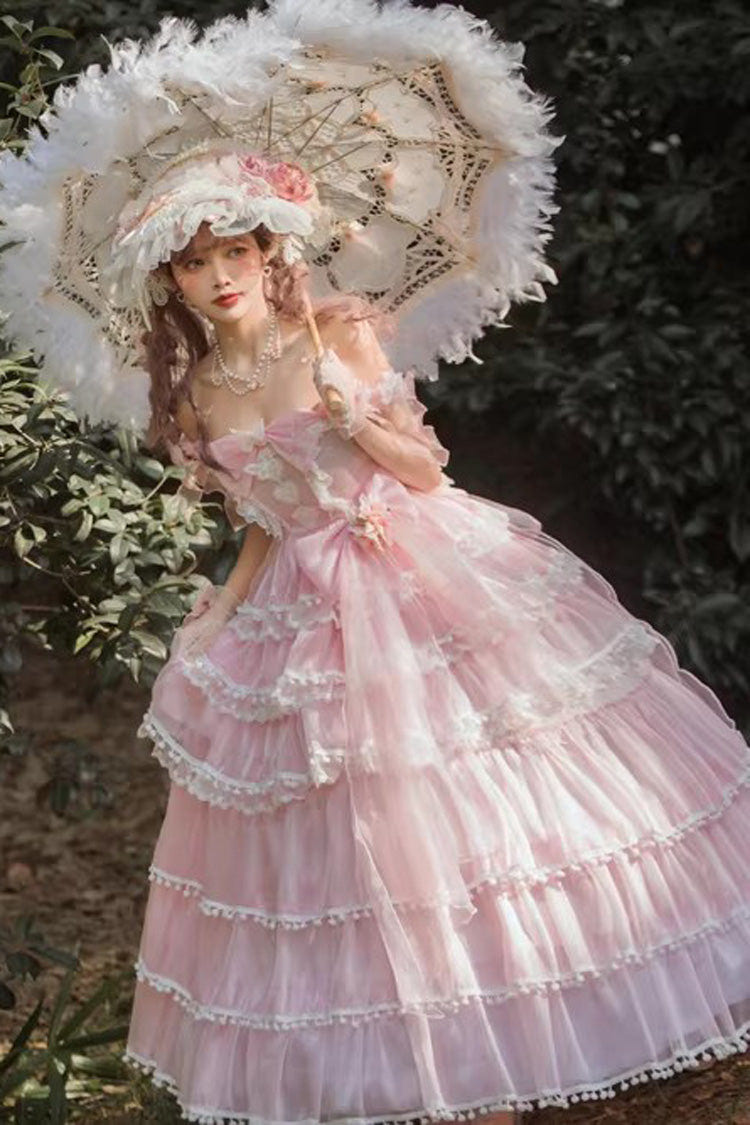 White Multi-Layered Ruffled Hanayome Bow Pearl-Decorated Sweet Lolita Jsk Dress Full Set 2 Versions - Pink(Long Version) - 14