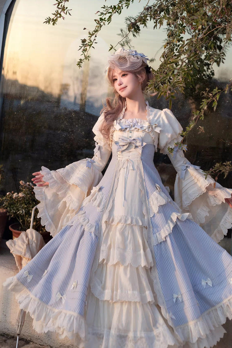 Blue [Letter Paper] Sleeveless Double-Layered Printed Ruffled Open-Front Bow Lace-Up Sweet Lolita Jsk Dress (Long Version) - Product - 2