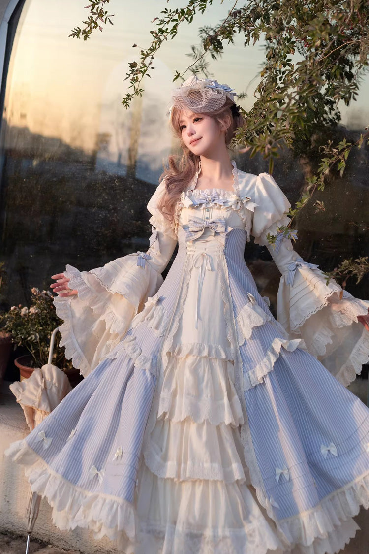 Blue [Letter Paper] Sleeveless Double-Layered Printed Ruffled Open-Front Bow Lace-Up Sweet Lolita Jsk Dress (Long Version) - Product - 2