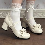 Bowknot Square Toe Sweet College Style Lolita High Heels Shoes 3 Colors - Beige - 4