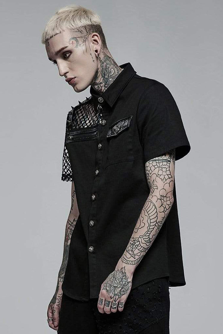 Black Punk Elastic Cotton Twill Fabric Spliced Diamond Mesh Asymmetrical Personality Short Sleeve Men's Shirt - Product - 2