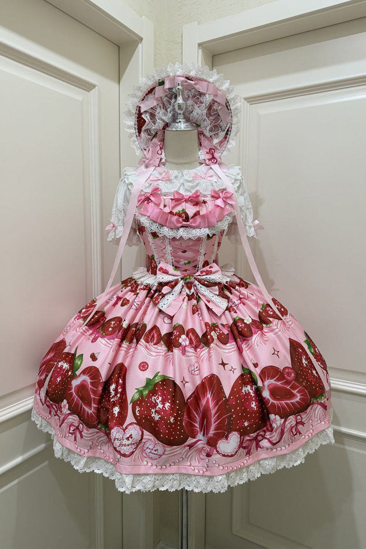 [Sweet Berry Tale] Strawberry Print Ruffle Bowknot Lace Sweet Lolita Jsk Dress 4 Colors - Pink/Red - 1