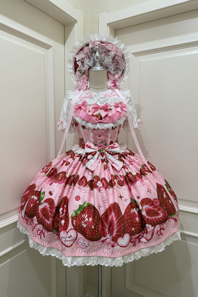 [Sweet Berry Tale] Strawberry Print Ruffle Bowknot Lace Sweet Lolita Jsk Dress 4 Colors - Pink/Red - 1