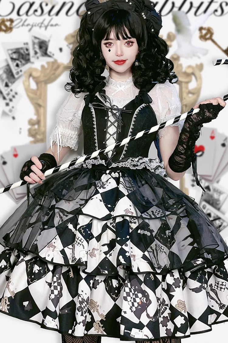 Black/White [Board Games] Triple-Layered Print Ruffle Vintage Lolita Skirt - Product - 10