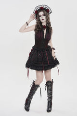 Black/Red Off Shoulder Double-Layered Embroidered Lace Lace-Up Slim Women's Gothic Vest - Product - 7