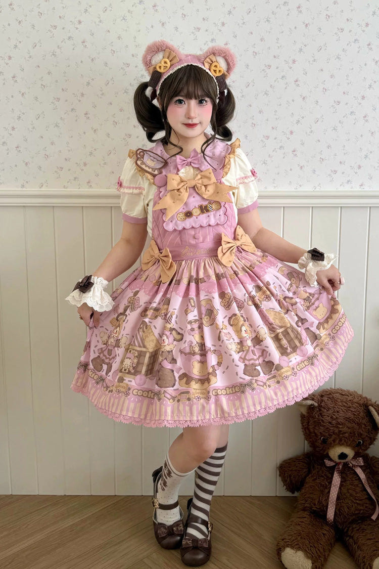 Pink [Teddy Bear Cookie] Strawberry Cream Puff Dessert Printed Bow Plus Size Sweet Lolita Dress Set 3 Versions - JSK-2-Dress+Blouse+KC - 6