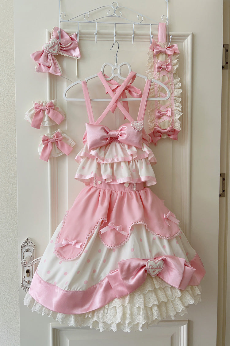 Pink Cream Multi-Layered Polka Dots Print Ruffle Bowknot Sweet Lolita Jsk Dress - Product - 3
