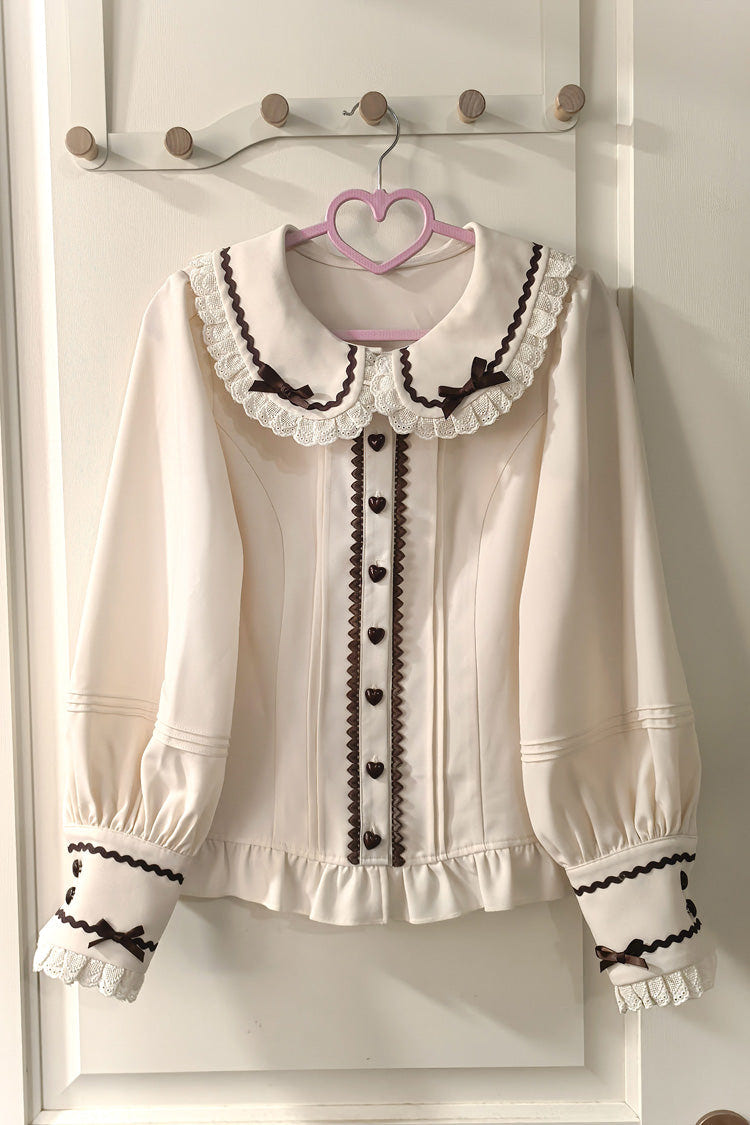 Ivory Peter Pan Collar Long Sleeves Ruffled Bow Lace Sweet Lolita Blouse - Ivory - 1