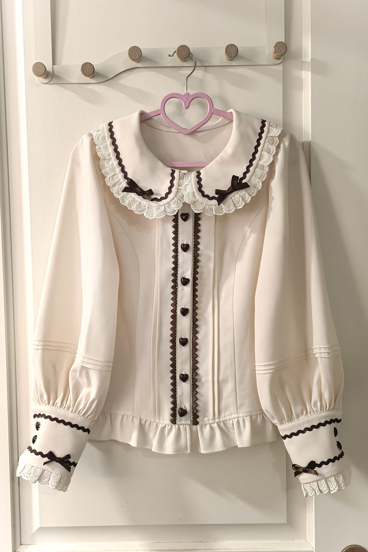 Ivory Peter Pan Collar Long Sleeves Ruffled Bow Lace Sweet Lolita Blouse - Ivory - 1