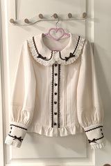 Ivory Peter Pan Collar Long Sleeves Ruffled Bow Lace Sweet Lolita Blouse - Ivory - 1