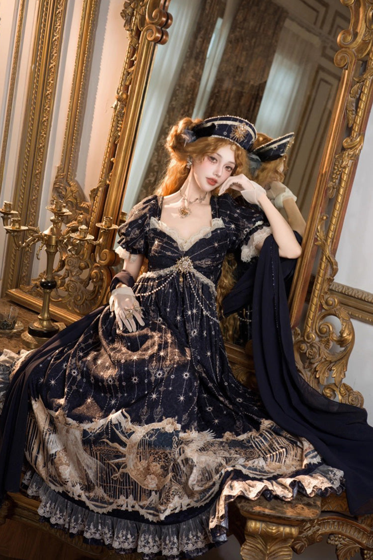 Blue [Unicorn] V Collar Short Sleeves Empire Motif Print Embroidery Bowknot Lace Sweet Elegant Lolita Dress - Product - 8