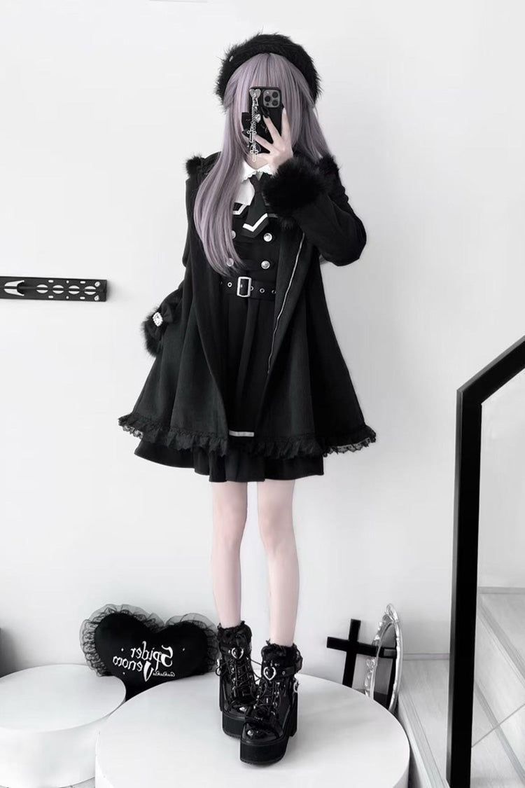 Black Long Sleeves Bowknot Rabbit Ears Detachable Hooded Japanese Jirai Kei Coat - Product - 5