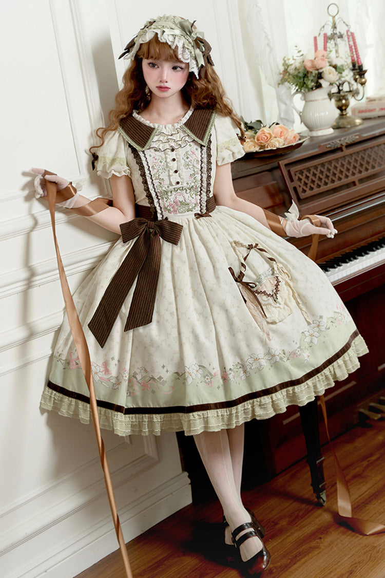 Green/Ivory [Lily] Short Sleeves Print Ruffle Embroidery Bowknot Lace Sweet Elegant Lolita Dress - Green/Ivory - 1