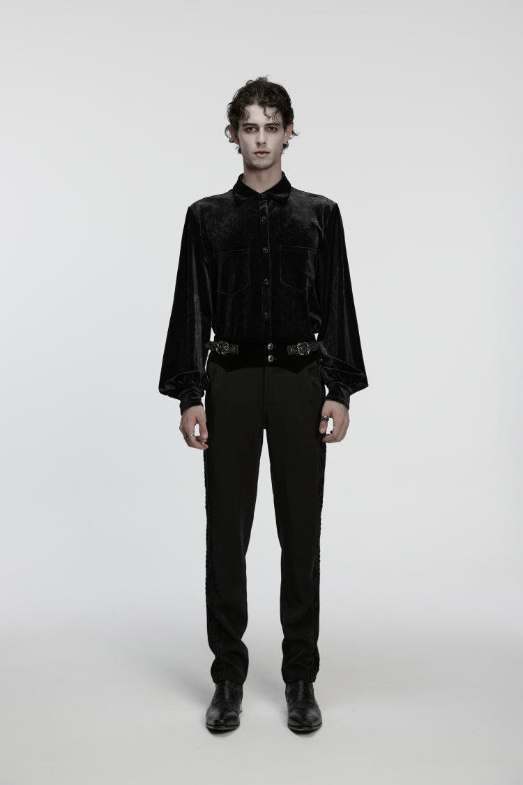 Black Embroidered Lace Buckled Men's Gothic Pants - Black - 1