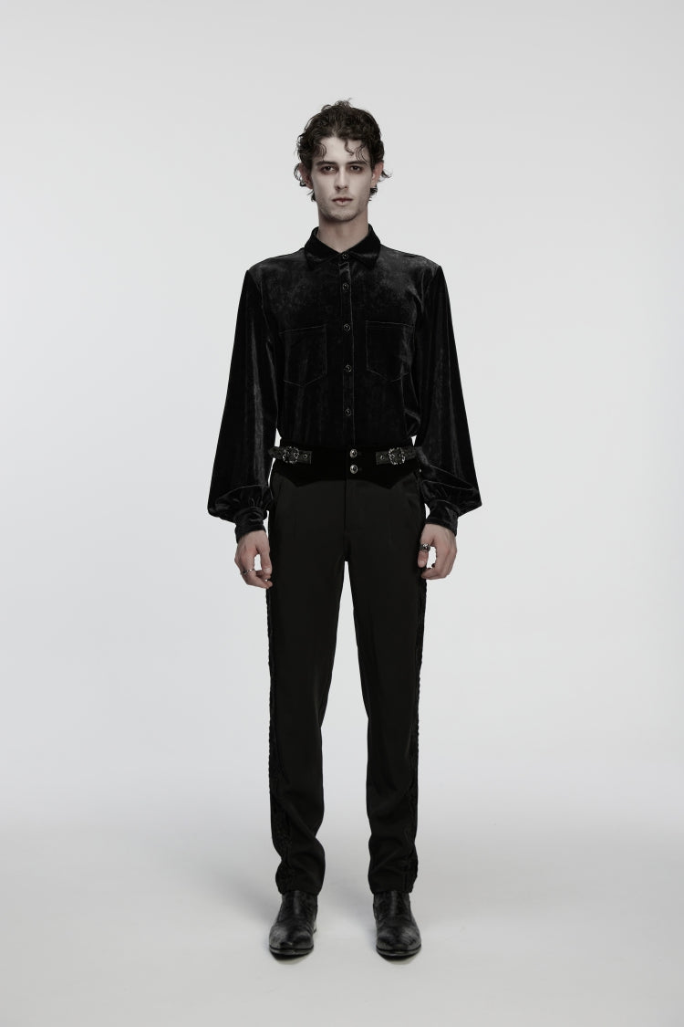 Black Embroidered Lace Buckled Men's Gothic Pants - Black - 1